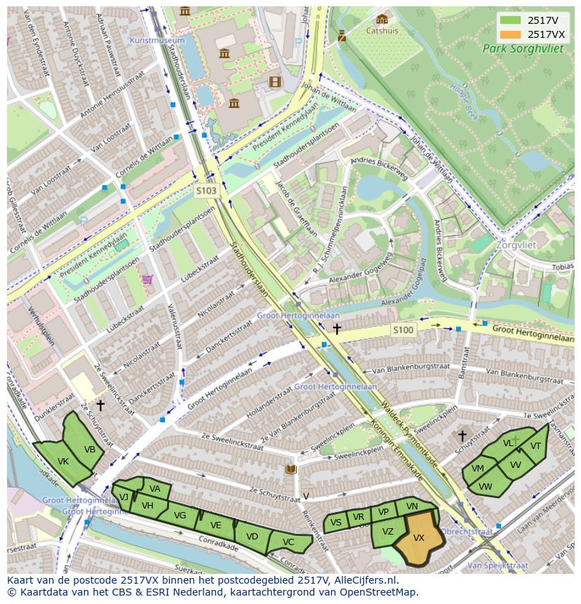 Afbeelding van het postcodegebied 2517 VX op de kaart.