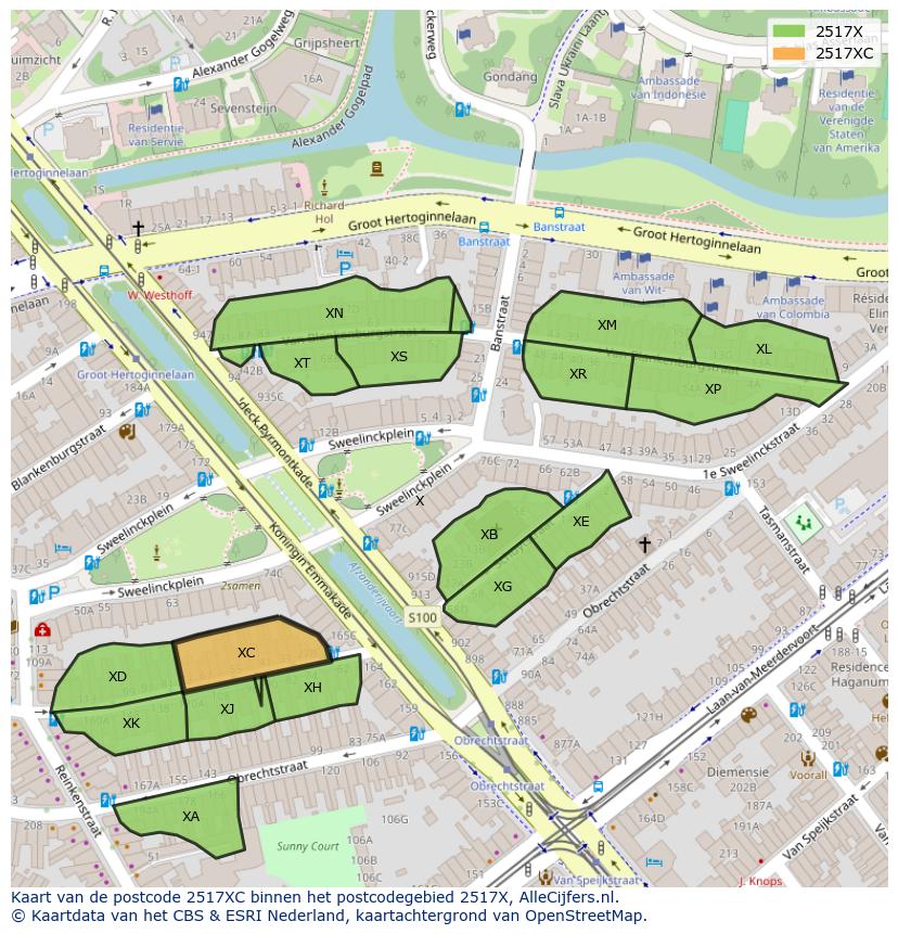 Afbeelding van het postcodegebied 2517 XC op de kaart.