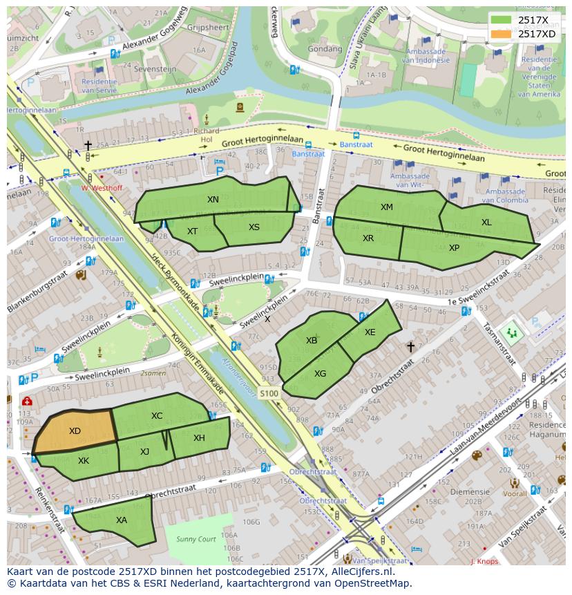 Afbeelding van het postcodegebied 2517 XD op de kaart.