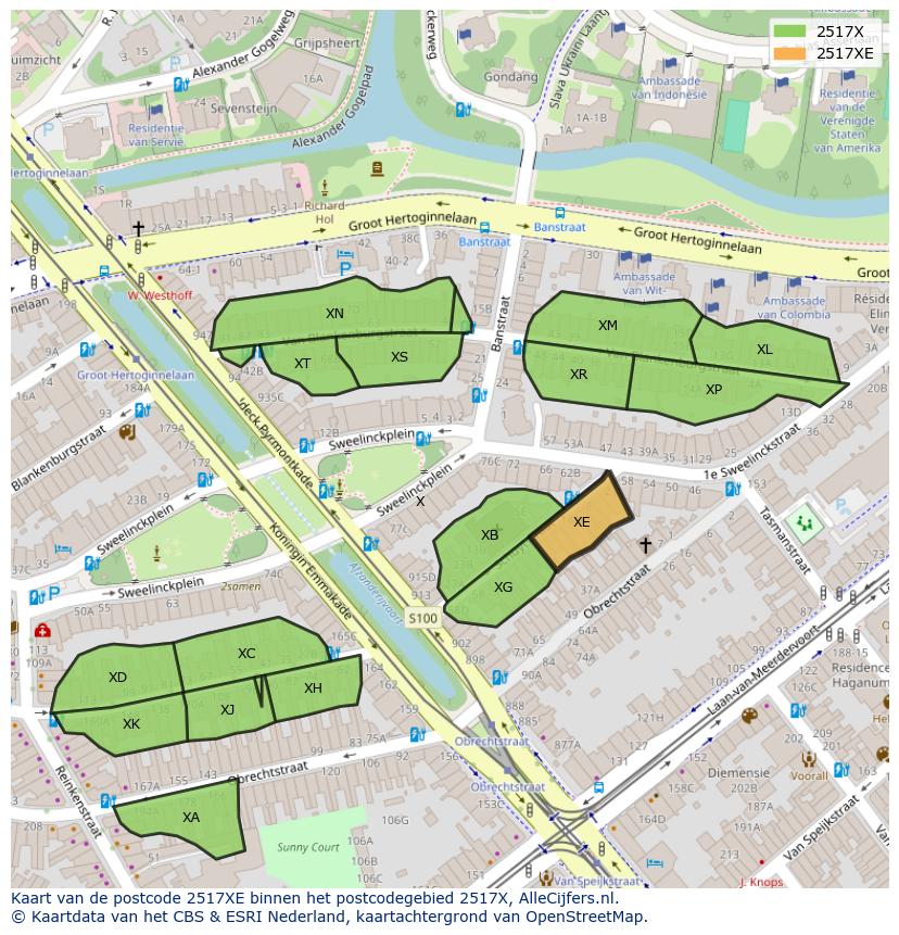 Afbeelding van het postcodegebied 2517 XE op de kaart.