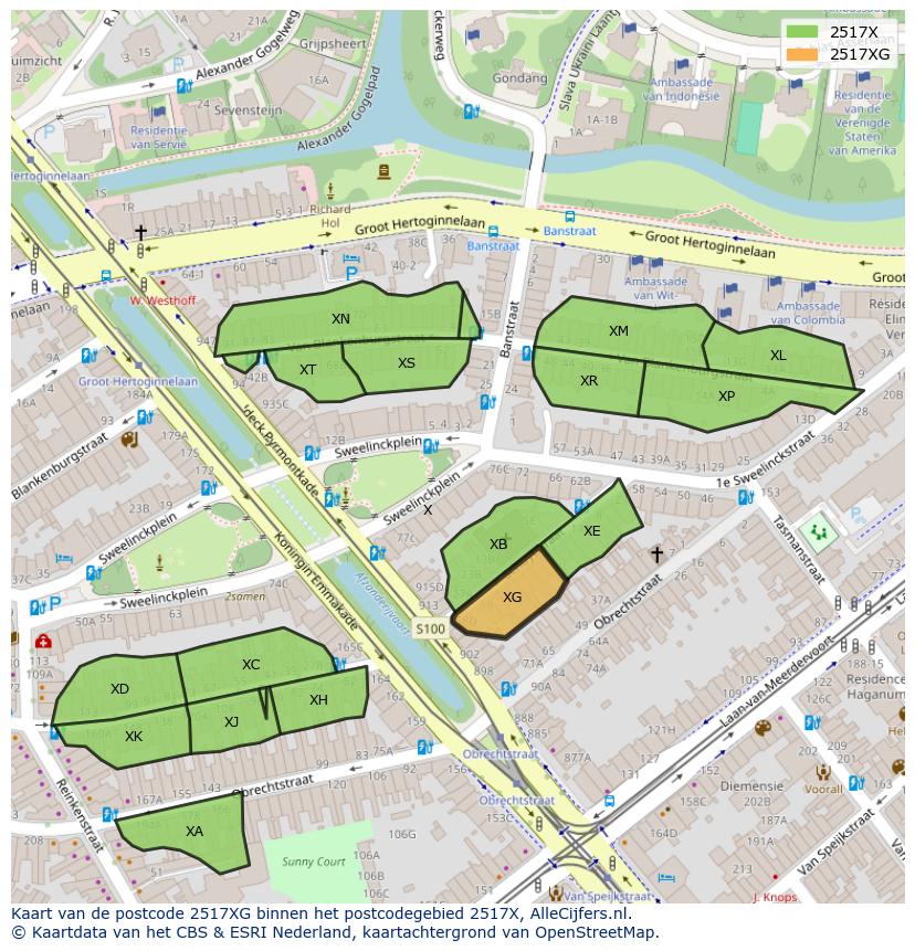 Afbeelding van het postcodegebied 2517 XG op de kaart.