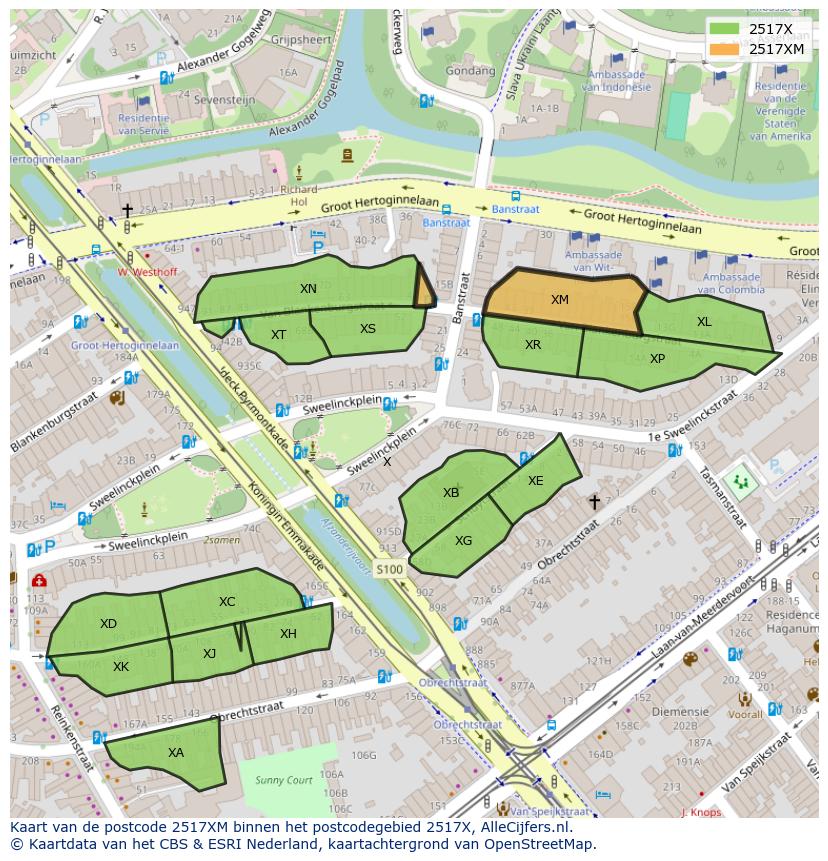 Afbeelding van het postcodegebied 2517 XM op de kaart.