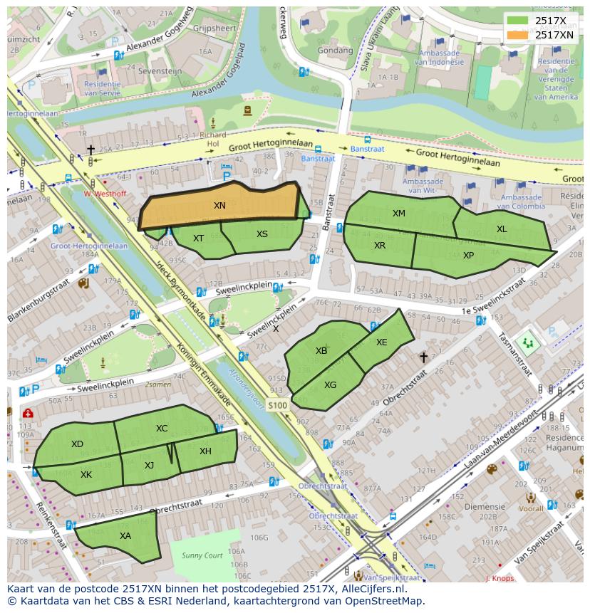 Afbeelding van het postcodegebied 2517 XN op de kaart.