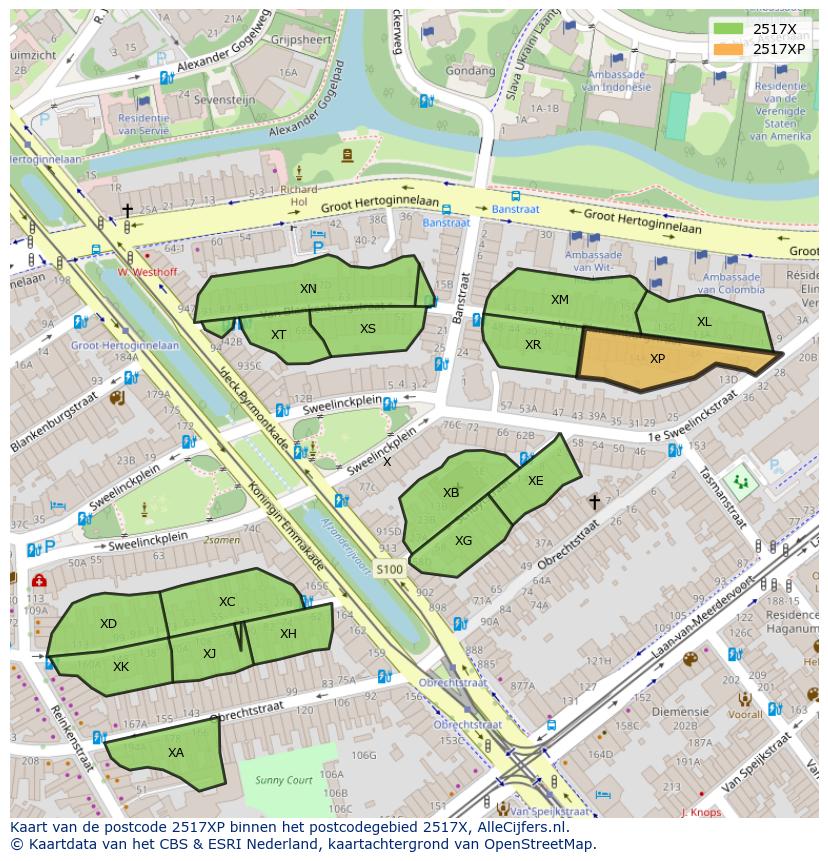 Afbeelding van het postcodegebied 2517 XP op de kaart.
