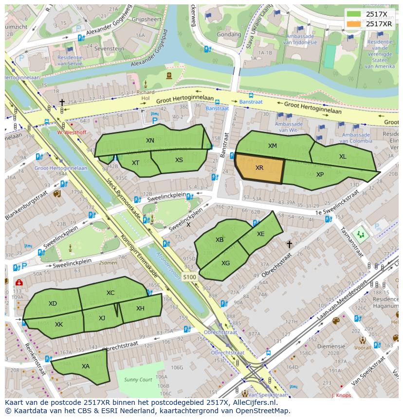 Afbeelding van het postcodegebied 2517 XR op de kaart.
