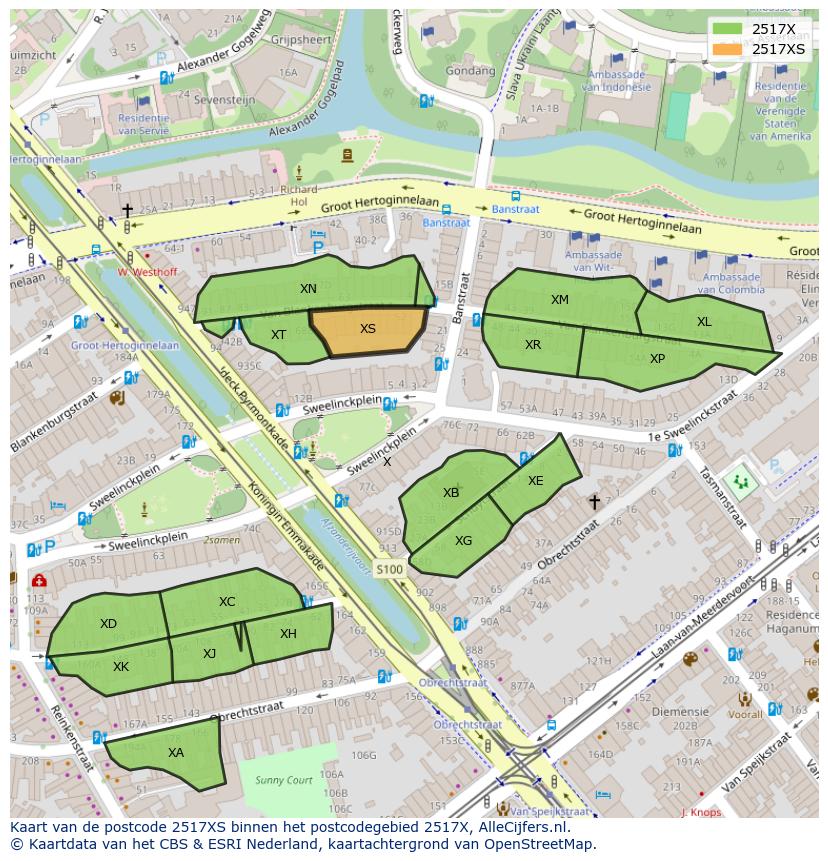Afbeelding van het postcodegebied 2517 XS op de kaart.