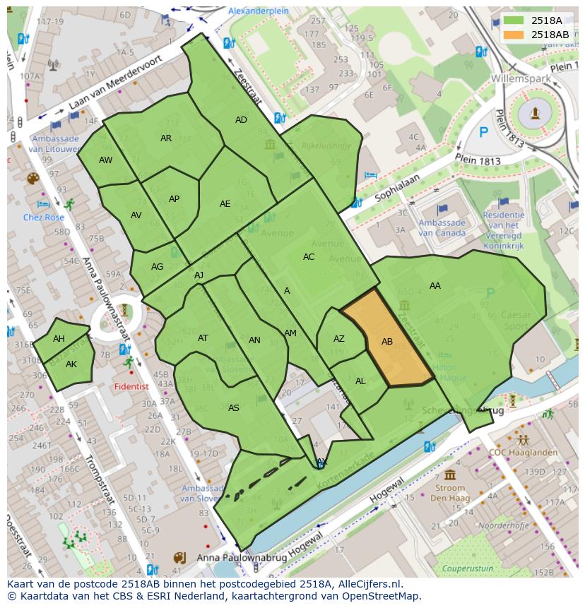 Afbeelding van het postcodegebied 2518 AB op de kaart.