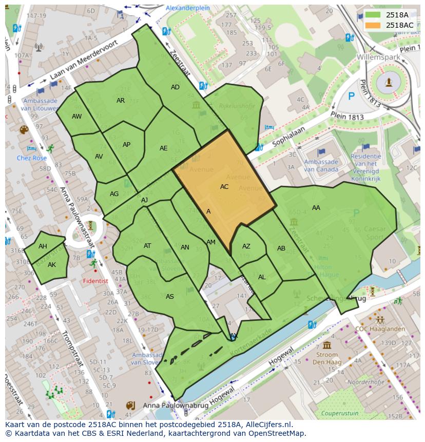 Afbeelding van het postcodegebied 2518 AC op de kaart.