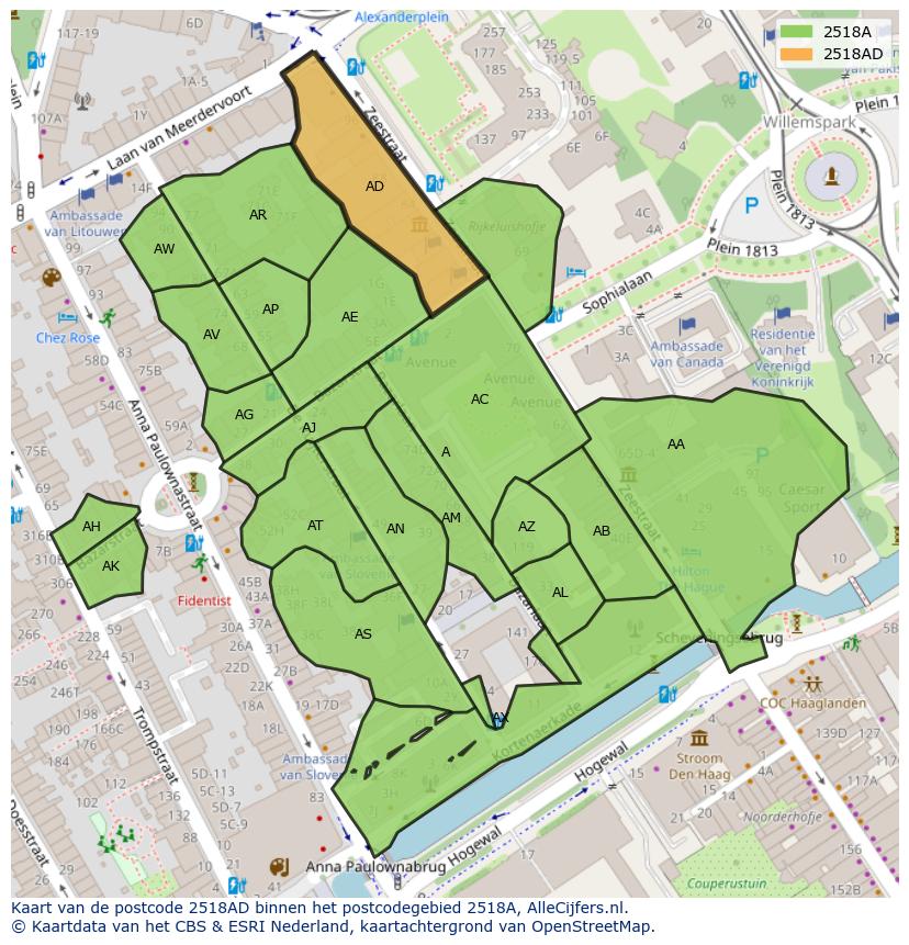 Afbeelding van het postcodegebied 2518 AD op de kaart.