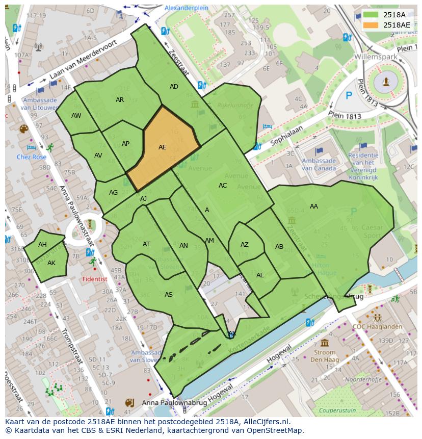 Afbeelding van het postcodegebied 2518 AE op de kaart.