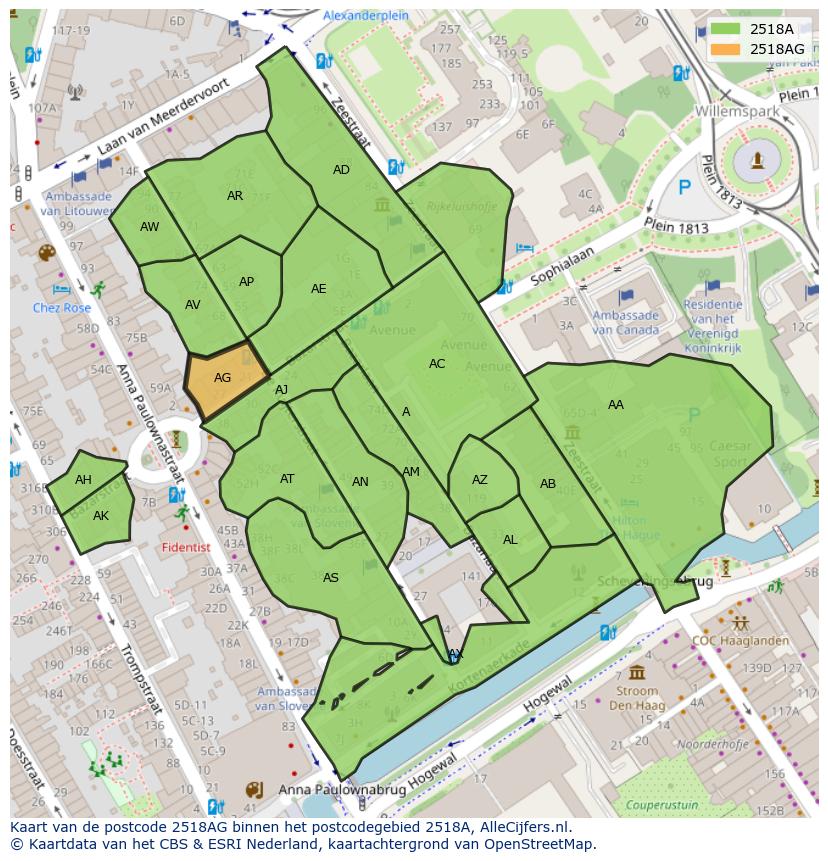 Afbeelding van het postcodegebied 2518 AG op de kaart.