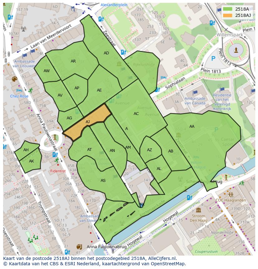 Afbeelding van het postcodegebied 2518 AJ op de kaart.