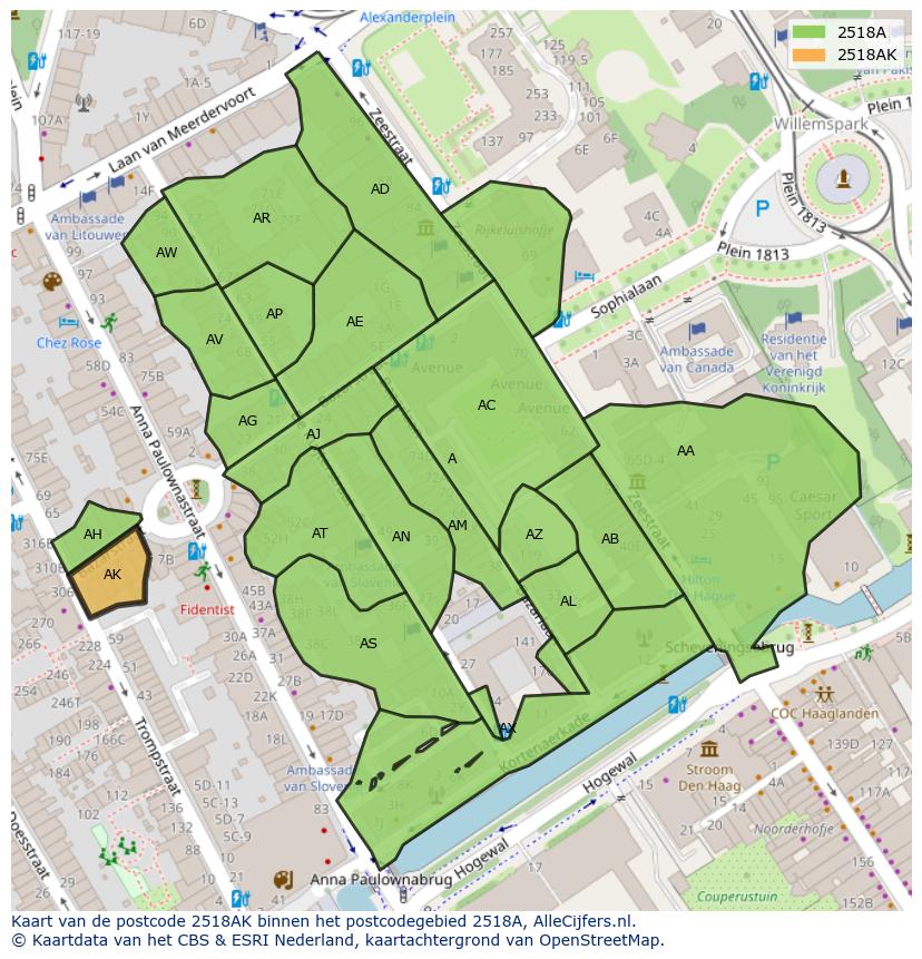 Afbeelding van het postcodegebied 2518 AK op de kaart.
