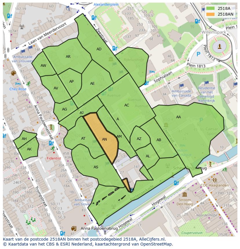 Afbeelding van het postcodegebied 2518 AN op de kaart.