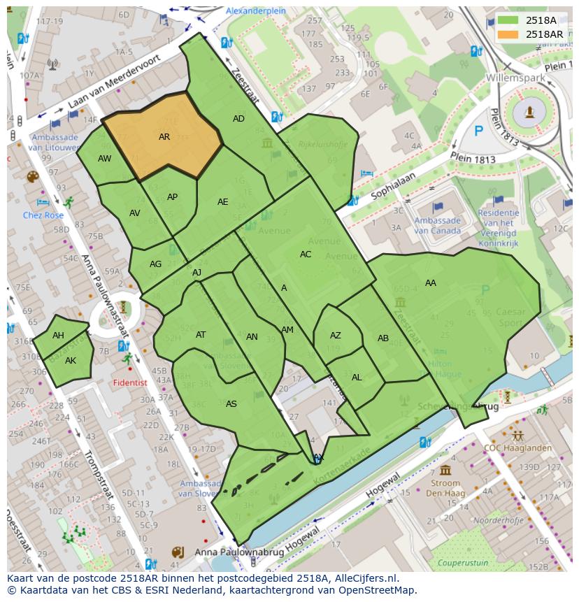 Afbeelding van het postcodegebied 2518 AR op de kaart.