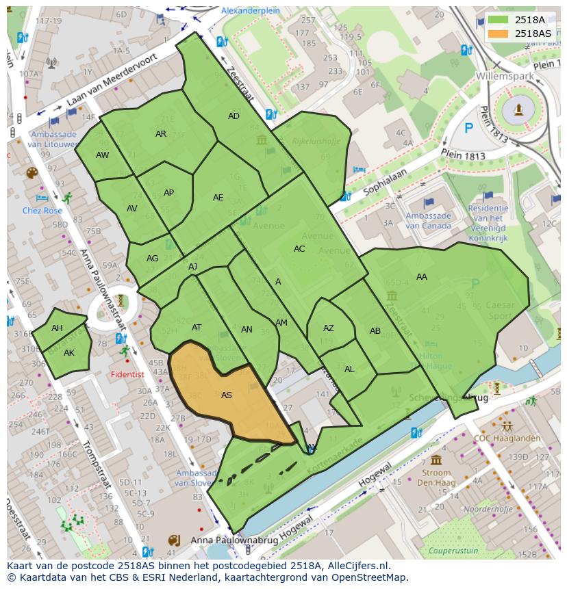 Afbeelding van het postcodegebied 2518 AS op de kaart.