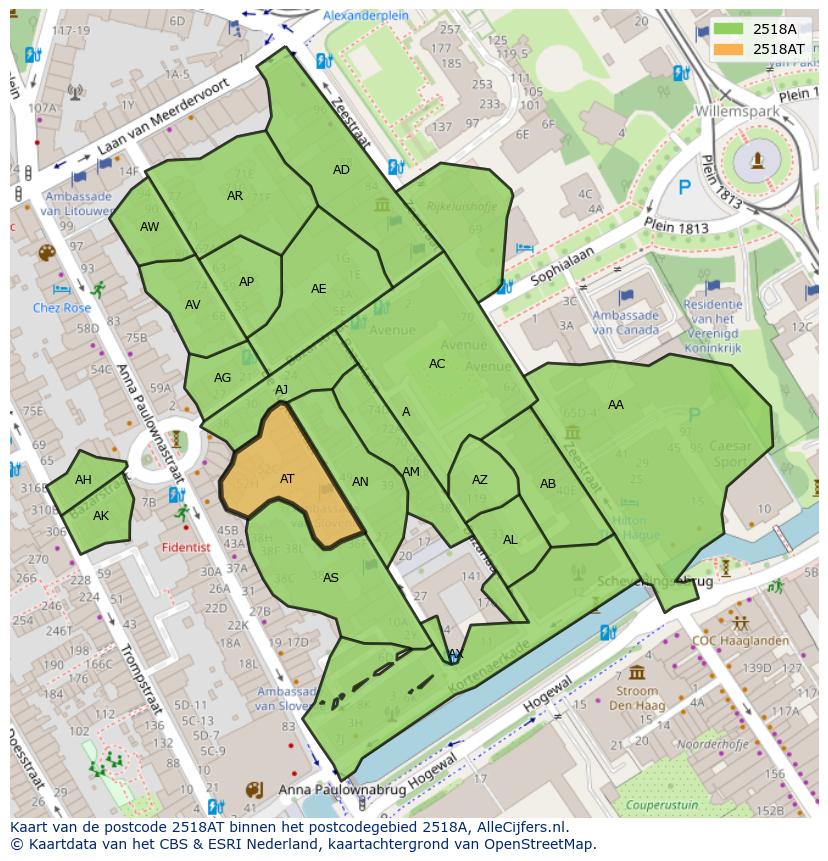 Afbeelding van het postcodegebied 2518 AT op de kaart.