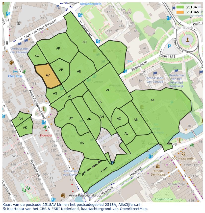 Afbeelding van het postcodegebied 2518 AV op de kaart.