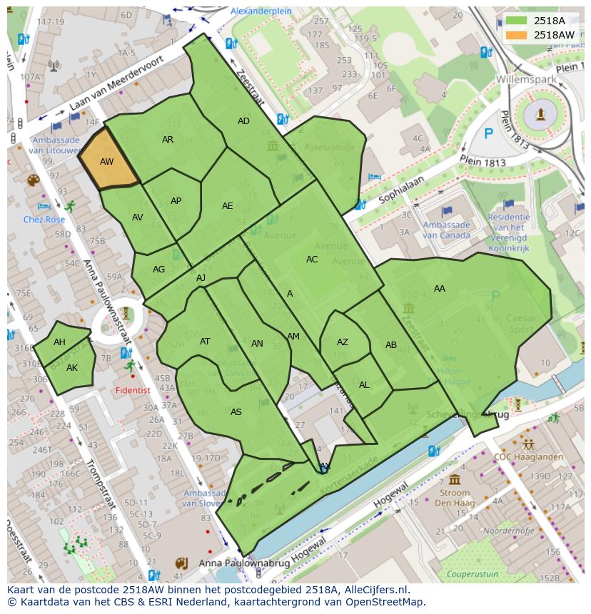 Afbeelding van het postcodegebied 2518 AW op de kaart.
