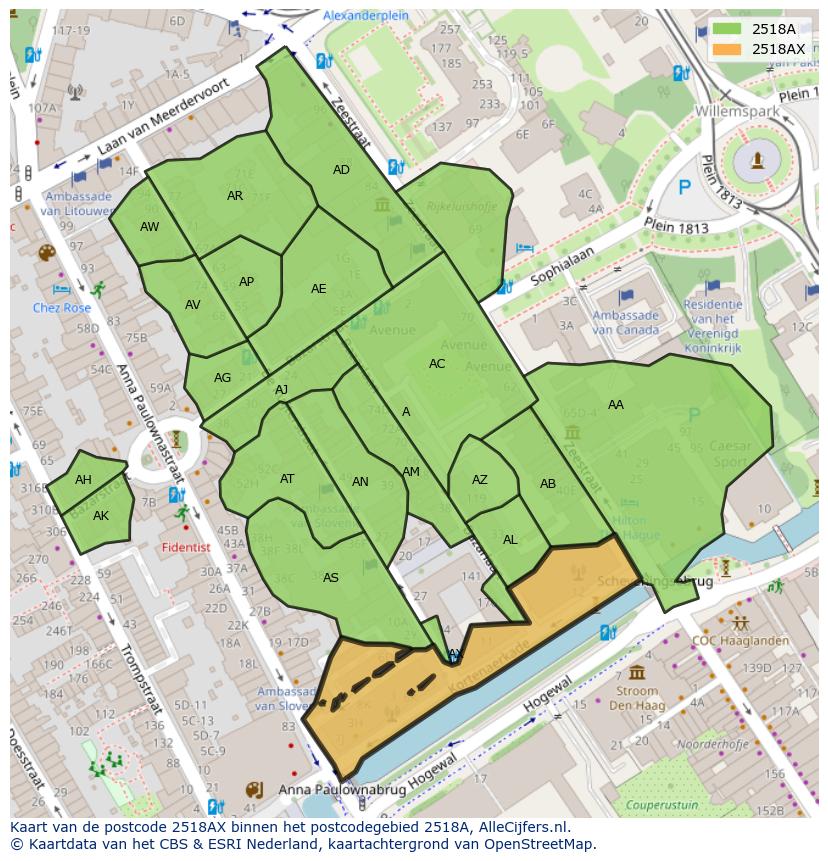 Afbeelding van het postcodegebied 2518 AX op de kaart.