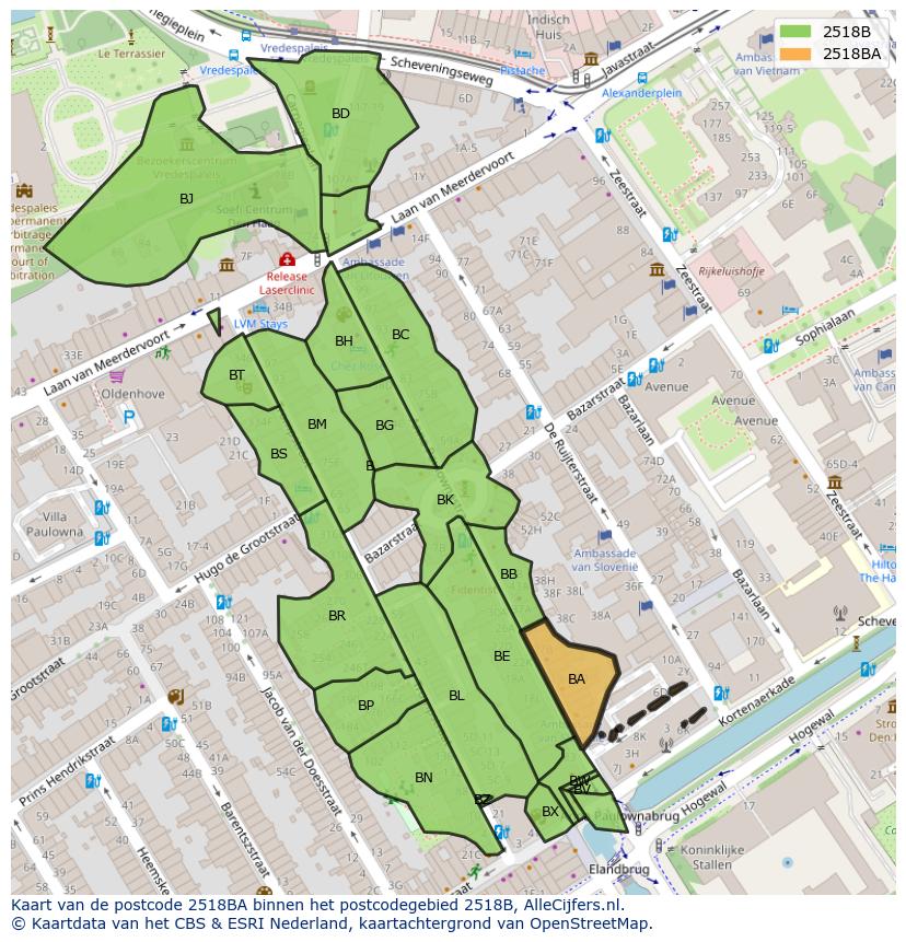 Afbeelding van het postcodegebied 2518 BA op de kaart.