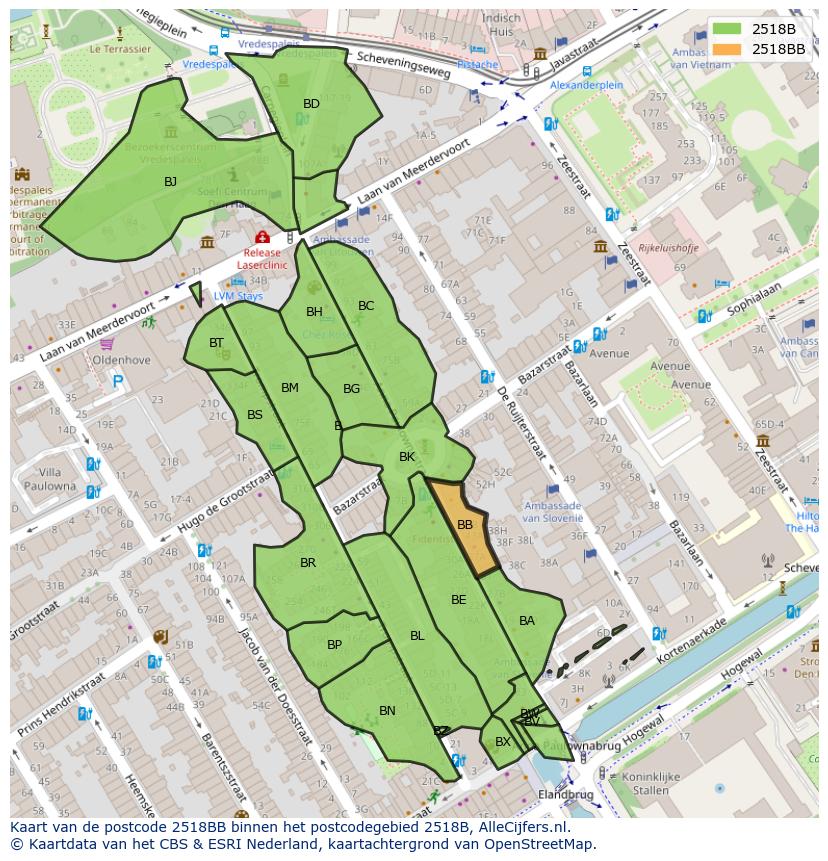 Afbeelding van het postcodegebied 2518 BB op de kaart.