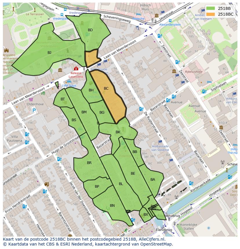 Afbeelding van het postcodegebied 2518 BC op de kaart.