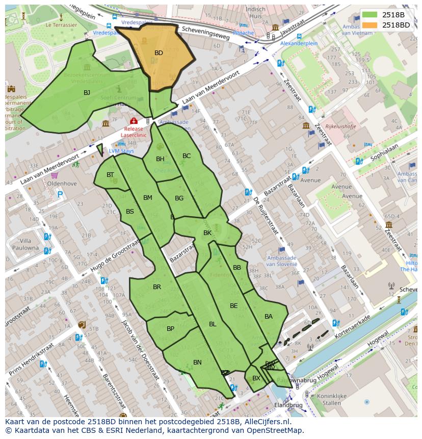 Afbeelding van het postcodegebied 2518 BD op de kaart.