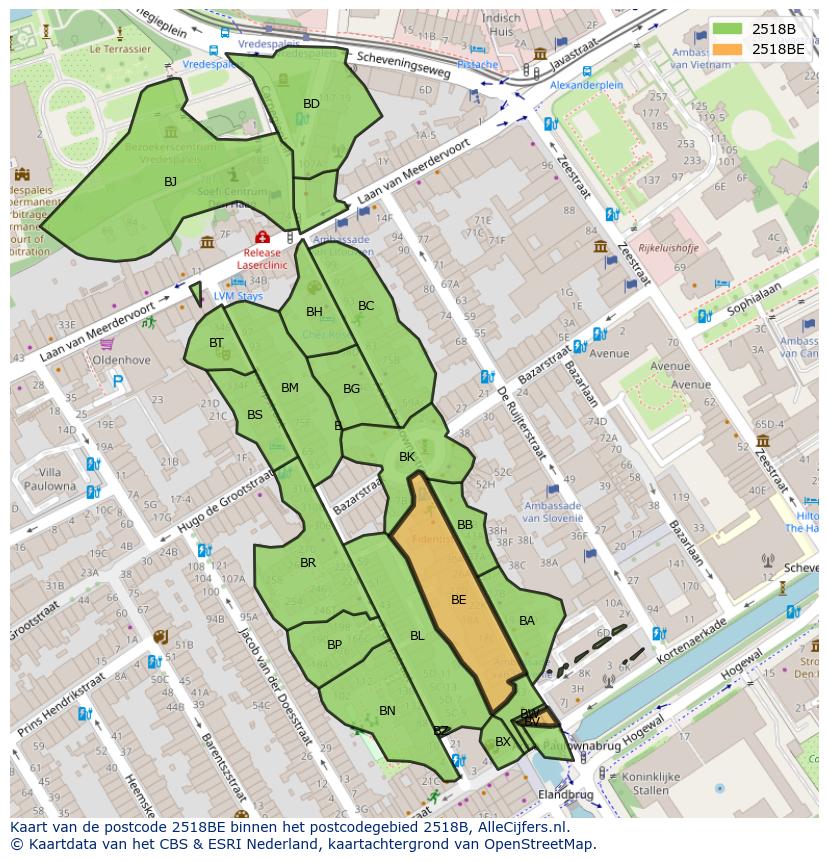 Afbeelding van het postcodegebied 2518 BE op de kaart.