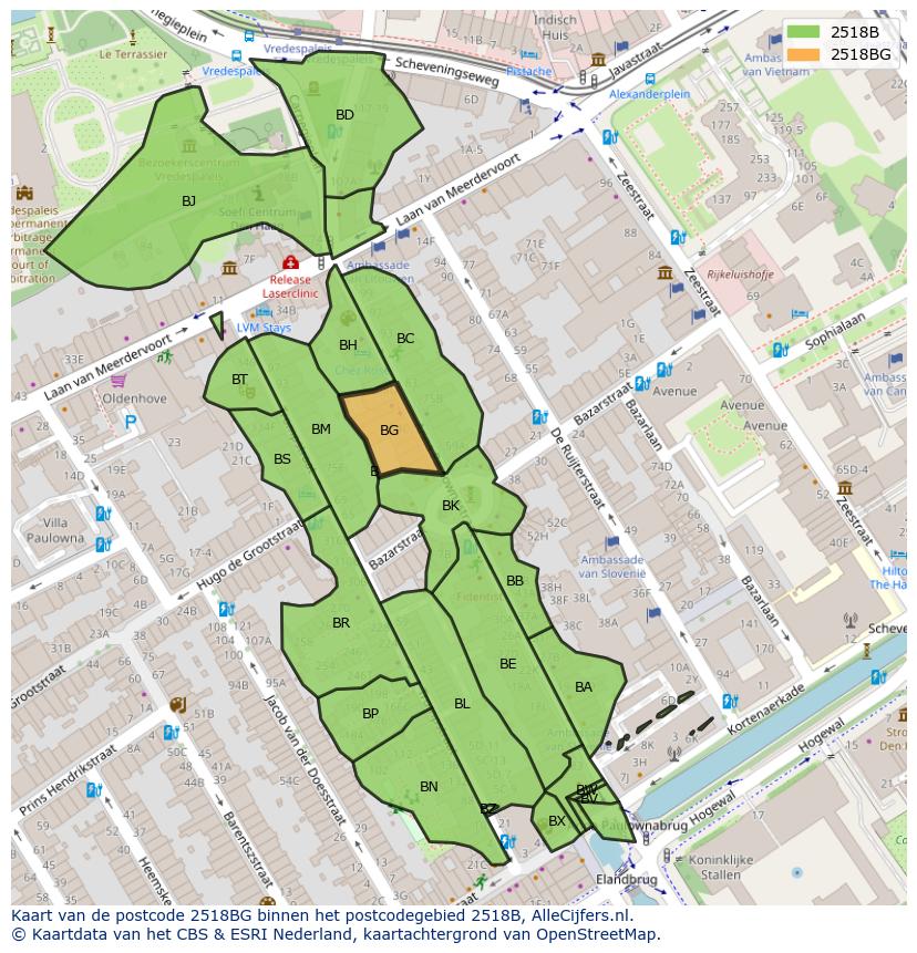 Afbeelding van het postcodegebied 2518 BG op de kaart.