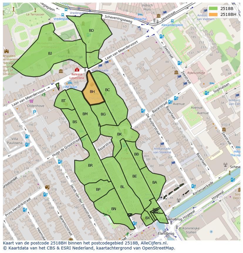 Afbeelding van het postcodegebied 2518 BH op de kaart.