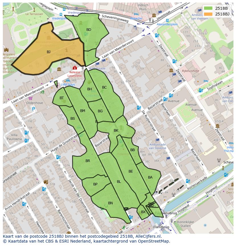 Afbeelding van het postcodegebied 2518 BJ op de kaart.