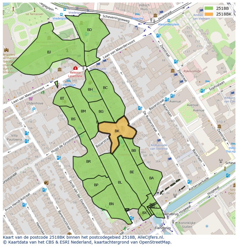 Afbeelding van het postcodegebied 2518 BK op de kaart.