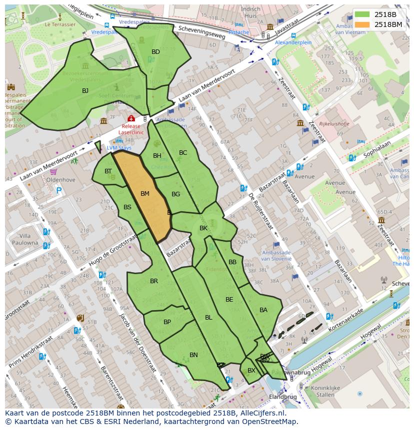 Afbeelding van het postcodegebied 2518 BM op de kaart.