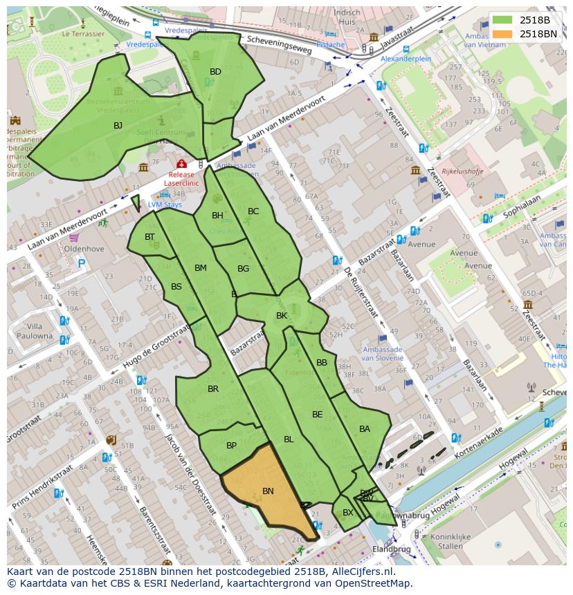 Afbeelding van het postcodegebied 2518 BN op de kaart.