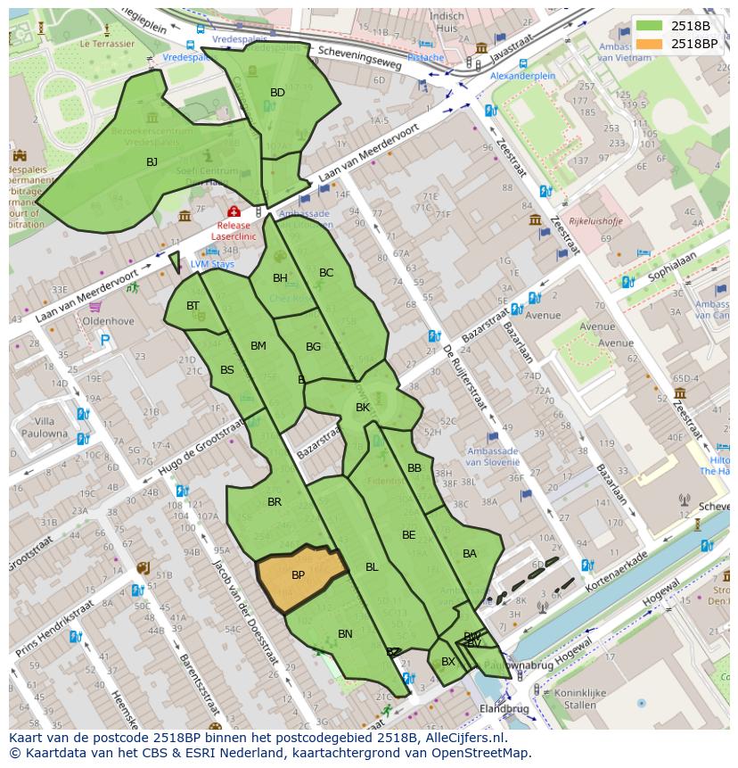 Afbeelding van het postcodegebied 2518 BP op de kaart.