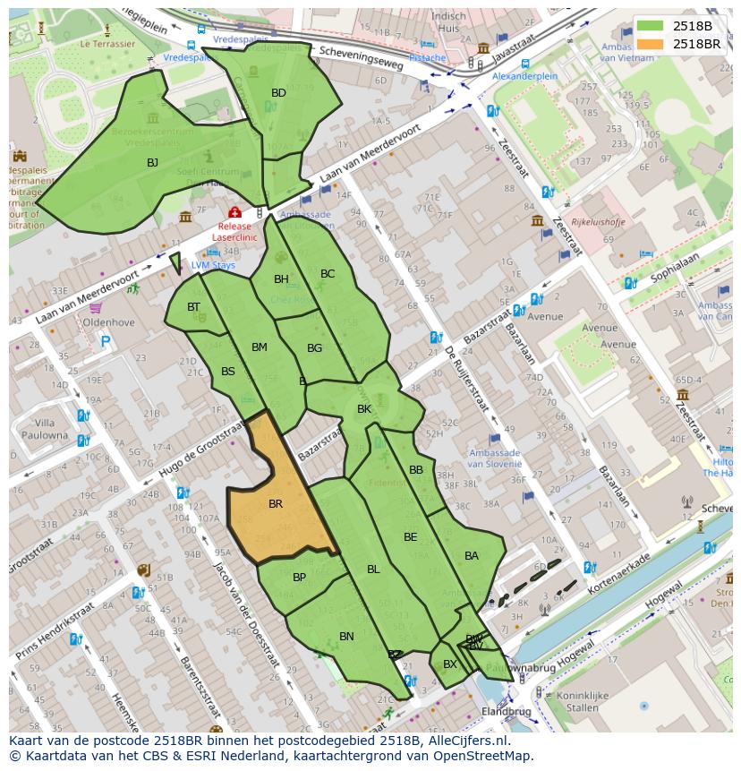 Afbeelding van het postcodegebied 2518 BR op de kaart.