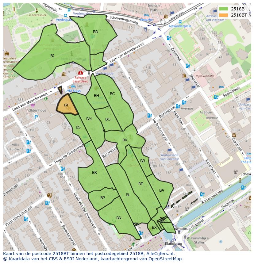 Afbeelding van het postcodegebied 2518 BT op de kaart.