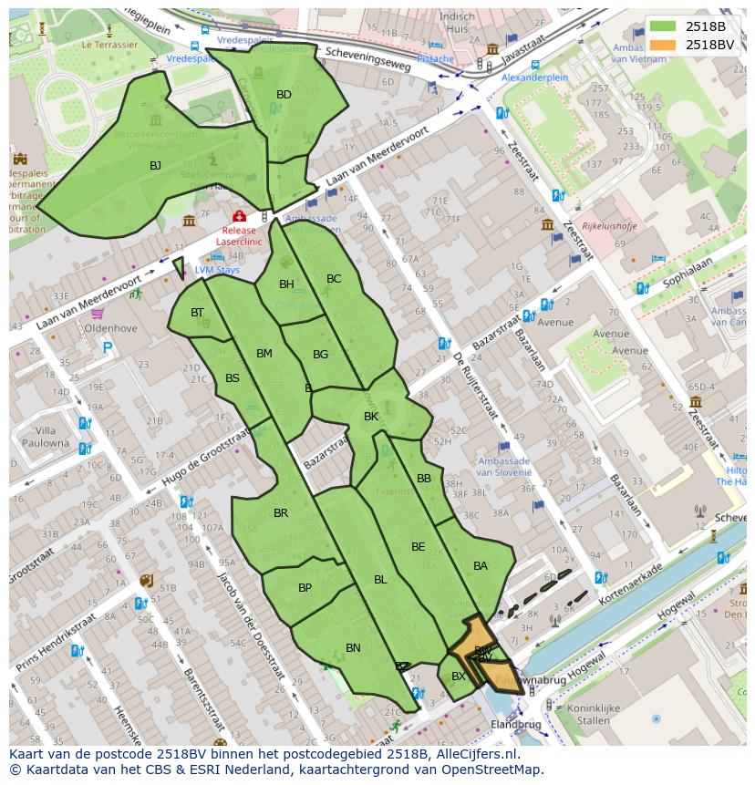Afbeelding van het postcodegebied 2518 BV op de kaart.