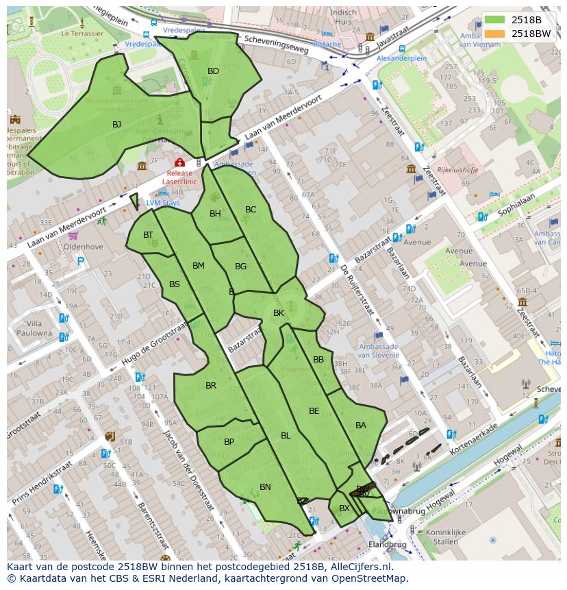 Afbeelding van het postcodegebied 2518 BW op de kaart.