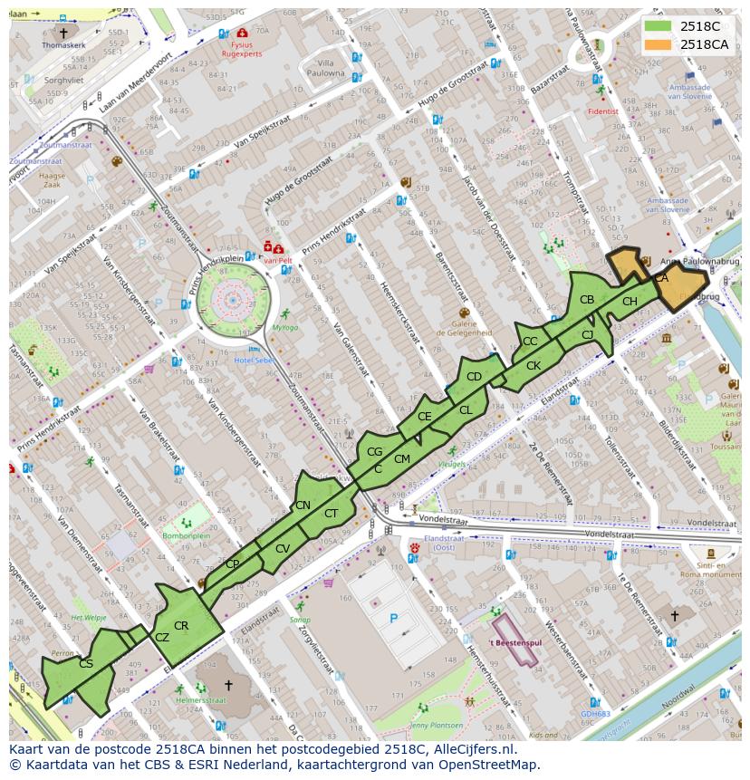 Afbeelding van het postcodegebied 2518 CA op de kaart.