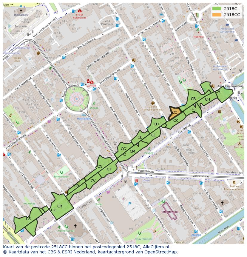 Afbeelding van het postcodegebied 2518 CC op de kaart.
