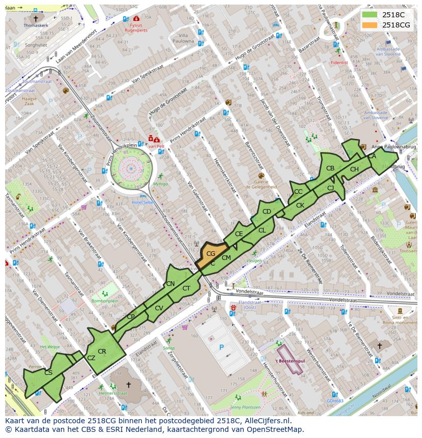Afbeelding van het postcodegebied 2518 CG op de kaart.