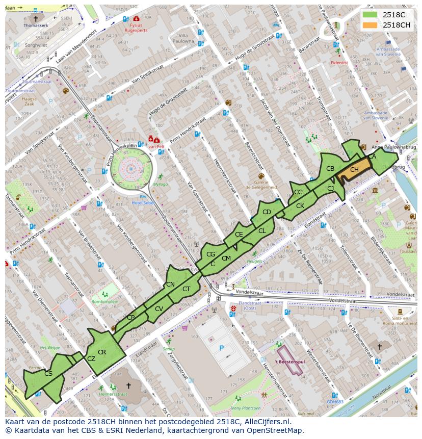 Afbeelding van het postcodegebied 2518 CH op de kaart.