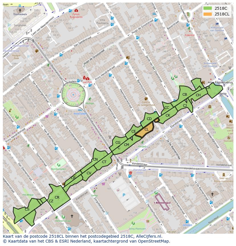Afbeelding van het postcodegebied 2518 CL op de kaart.