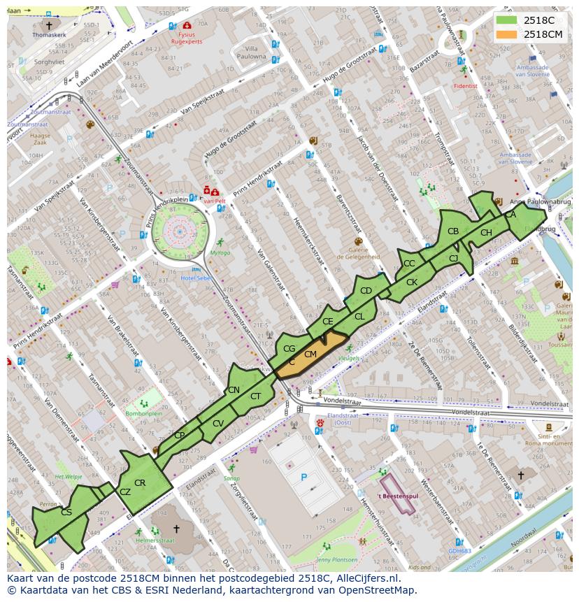Afbeelding van het postcodegebied 2518 CM op de kaart.