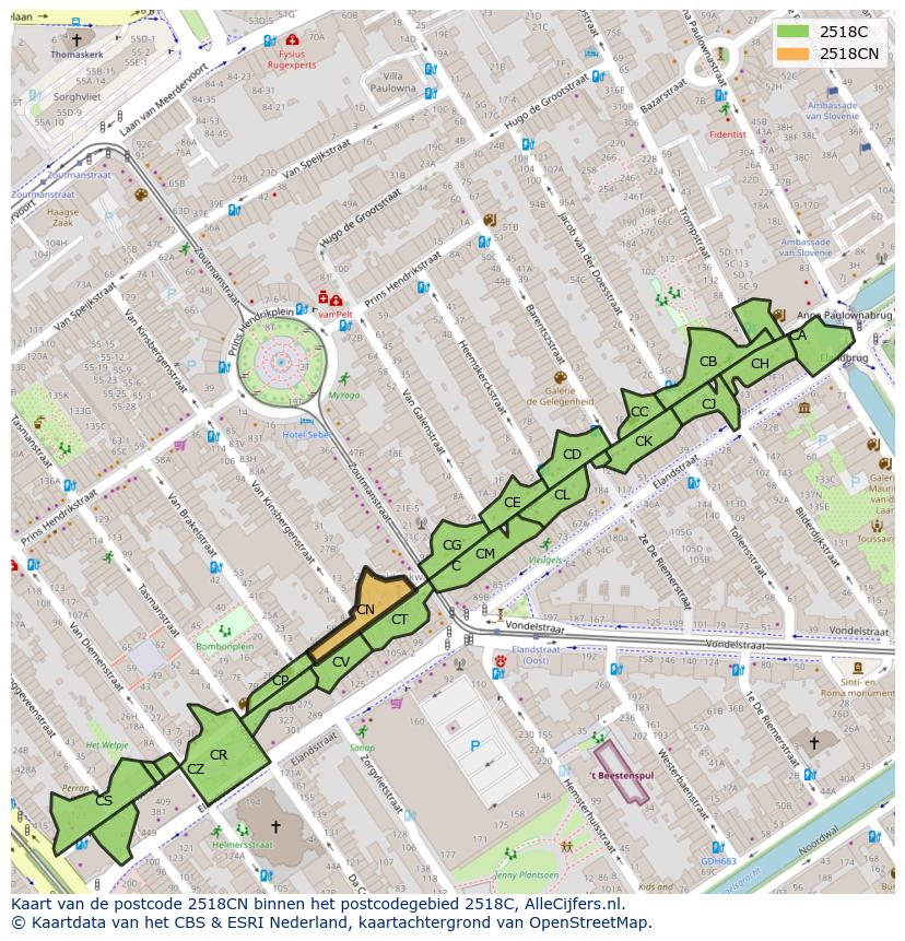 Afbeelding van het postcodegebied 2518 CN op de kaart.