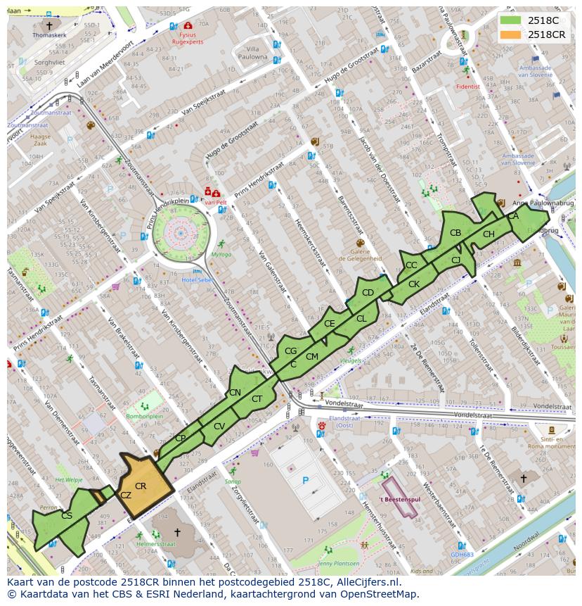 Afbeelding van het postcodegebied 2518 CR op de kaart.
