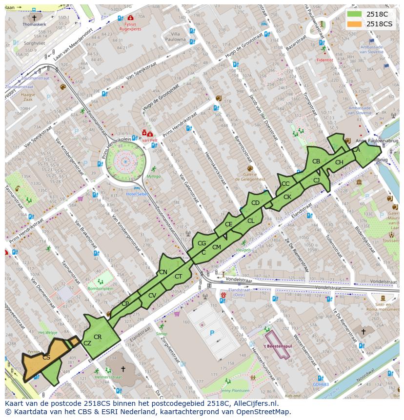 Afbeelding van het postcodegebied 2518 CS op de kaart.
