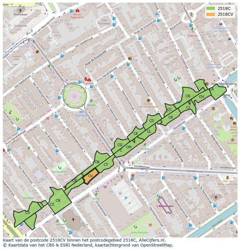 Afbeelding van het postcodegebied 2518 CV op de kaart.